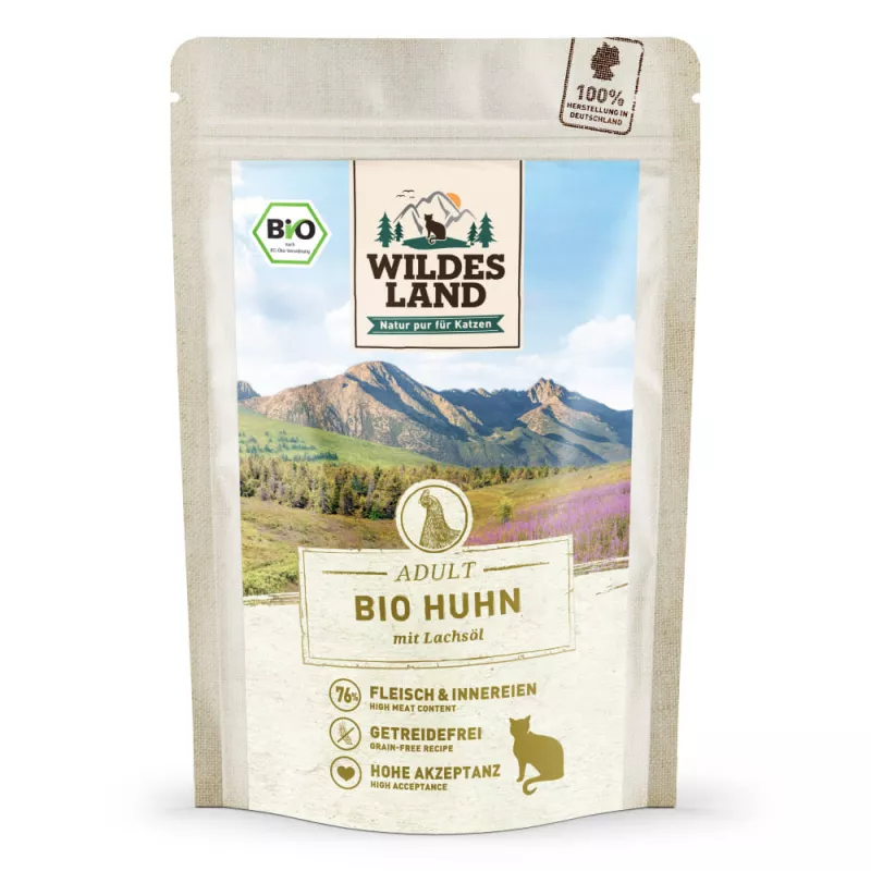Wildes Land Nassfutter Bio Huhn PUR mit Lachsöl 85 g